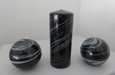 Kerzen-Set - 3-teilig - schwarz-grau-marmoriert - geringe Gebrauchsspuren