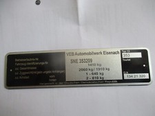 Typenschild Schild IFA VEB Eisenach Oldtimer S83 Wartburg 353 Typ 13 Tourist s92