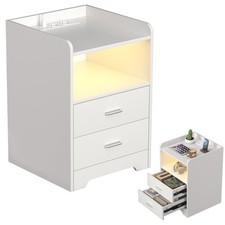 Nachttisch mit Steckdose & LED Beistelltisch mit Offenen Ablagen & 2 Schubladen
