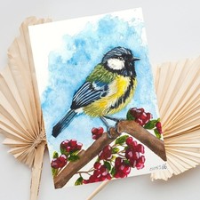 Kohlmeise handgemalt mit Aquarell Original A6, Vogel Bild, Kunst, Gemälde, Deko 