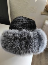 Damen Echte gestrickte Nerz Pelz Hut mit Fuchsfell 57-59 Groß Schwarz mit Grau.