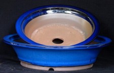Bonsai - Bonsaischale Japan große Schale aus Set rund blau glasiert 19,5 x 6 cm