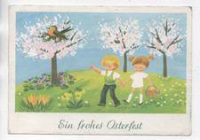 AK  DDR  Ostern /  Kinder-Korb-Ei-Blumen-Wiese-Vogel-Bäume  gel.