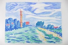 Wilhelm Klußmann Aquarell 1996 sig. Deich bei Schillich 65x48cm N-1346