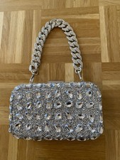 Festliche Abendtasche silber einseitig Strass mit Tragebügel u. Umhängekette
