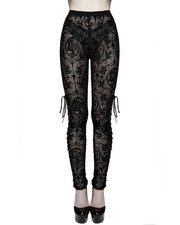 Devil Fashion Damen Gothic Leggings schwarz Flock Samt Netz Schnürung Totenkopf Kreuz
