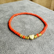 Elastisches Armband 17 cm – Rot & Gold mit Herzperle, Handmade Unisex