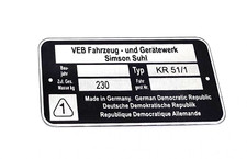 Rahmenplakette Typenschild