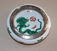 Meissen grüne Drachenschale 800 Silberrand 1. Wahl gekreuzte Schwerter