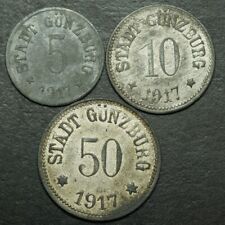 NOTGELD: 5, 10 & 50 Pfennig 1917, Zink. Funck 179.1b, 2 & 3. GÜNZBURG / BAYERN.