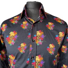 CLAUDIO LUGLI Hemd Herren LARGE (41-42") Langarm Schwarz Totenkopf Print