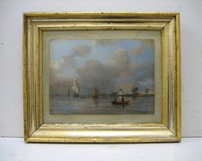 Ölbild Gemälde alt 19.Jh. Landschaft Segel Boote Meer Bucht Fischer antik