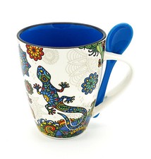 Kaffeebecher aus Keramik Kaffeetasse Tasse Becher Mug mit Löffel - Motiv Gecko