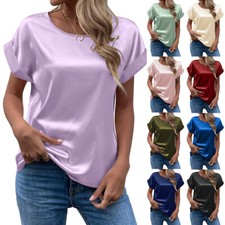 Frauen Satin Casual Kurzarm T-Shirt Tunika Tops Damen Lose Solide Bluse Te↷ С