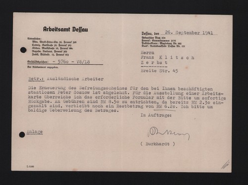 Dessau brief 1941 - dessau,, arbeitsamt