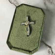 14k zweifarbiger Diamant Kreuz Anhänger 1” x 7/8” 2,44g