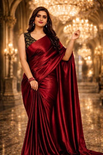 Satin saree marron - satin,