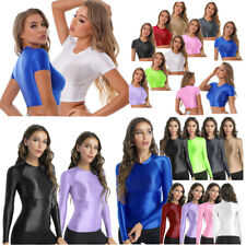 DE Damen Öl Glanz Shirt Slim Fit Stretch T-Shirt Unterhemd Yoga Sports Oberteil