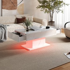 LED Couchtisch Wohnzimmertisch Hochglanz mit 2 Schubladen modern Weiß Marmor