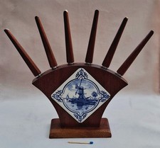 Vintage 6 Obst Messer im Holzständer mit Fliesen Einsatz Windmühle blau weiss