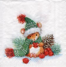 3 Cocktail Servietten ~ Weihnachten, Maus mit Mütze und Schal, Äpfel~ 25x25
