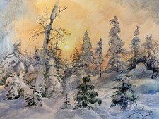 Aquarellbild Original 40x30 cm, Landschaft, Winterzeit in Sweiz