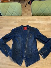 S OLIVER Cropped Denim Jacket Zipper Patchwork Acid Wash 