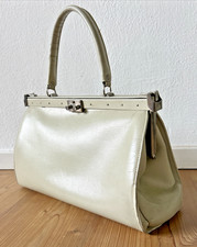 Beige Handtasche aus echtem Leder, wie Doktortasche zum Klappen, Vintage
