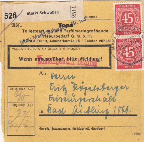 Paketkarte 1947 toilettenart - paketkarte, 1947: