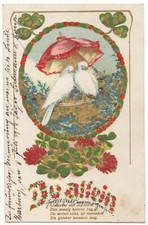 AK Tauben, Prägekarte, Taubenpaar sitzt mit Schirm auf Gartenzaun, Blumen