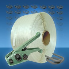 19 mm Umreifungsset gewebt, 600 m Band Spanngerät 150 Metallklemmen phosphatiert