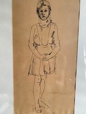 ::ZEICHNUNG MÄDCHEN FRAU IM KLEID MONOGRAMM U.ST / VST 1960 FEDER TINTE ANTIK