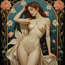 Jugendstil Poster Akt Frau Dame Bild Zeichnung Blumen Gemälde Kunstdruck Art