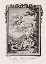 Apollo Python snake Mythologie mythology Ovid gravure Kupferstich engraving 1780