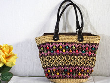 Damen Henkel Korb Tasche Bast