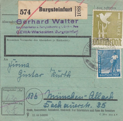 Paketkarte 1948 burgsteinfurt - paketkarte,