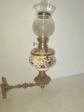 alte  Petroleum Wand Lampe, Klavierlampe,  Majolika + Messing  1900