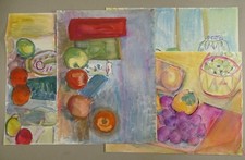 Stillleben mit Obst und Blumen - 4 Gemälde Aquarelle - Botanik Früchte - 20. Jh.