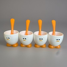 4 x Vintage Joie Eierköpfe orange weiß Kunststoff Eierbecher & Löffel