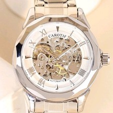 Elegante Automatik Skelettuhr von CAROTIF 40mm Weiß Silber Glasboden