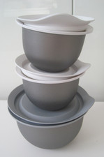 Tupperware 3 Schüsseln mit Deckel Junge Welle silber grau 2 x 550 ml + 1 x 1,3 L