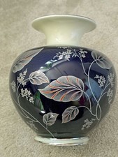 Porzellan Vase Johann Haviland, Bavaria, Kobaltblau, Blumendekor handbemalt 19cm