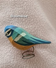 1 Vogel Blaumeise m. Spiralfuß aus Holz, handbemalt, geschnitzt, Vollholz
