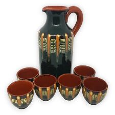 Karaffe 6 Becher Bulgarische Keramik Handbemalt Lasiert Steingut Vintage Service