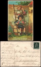 Geburtstag Birthday Junge und Mädchen auf Leiter Blumen 1918 Gold