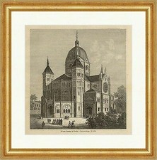 Die neue Synagoge in Breslau Holzstich Polen Schlesien Rundbogen E 0099 Gerahmt