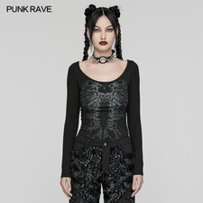 Punk Rave Women Hollow-Out Black Skull Print Long-Sleeved T-Shirt Slim Fit Tops