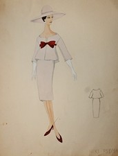 Modezeichnung Nachmittagskleid elegant _ Blei - Tusche -Aquarell  37 x 30cm sign