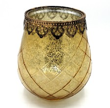 großes bauchiges Windlicht Marokko Antik-Gold Glas Metall Höhe 18 cm 