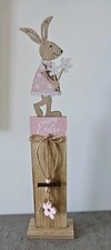 Deko Hase Häsin m Blume Osterhase Holz braun rosa Dekoration Schild HAPPY EASTER
